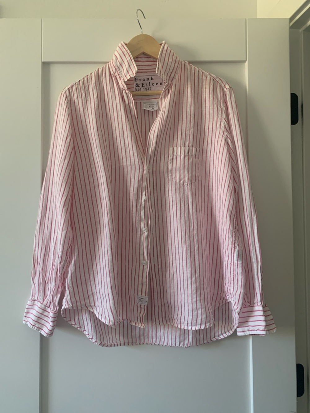 Frank & Eileen White Linen Shirt with Pink Stripes